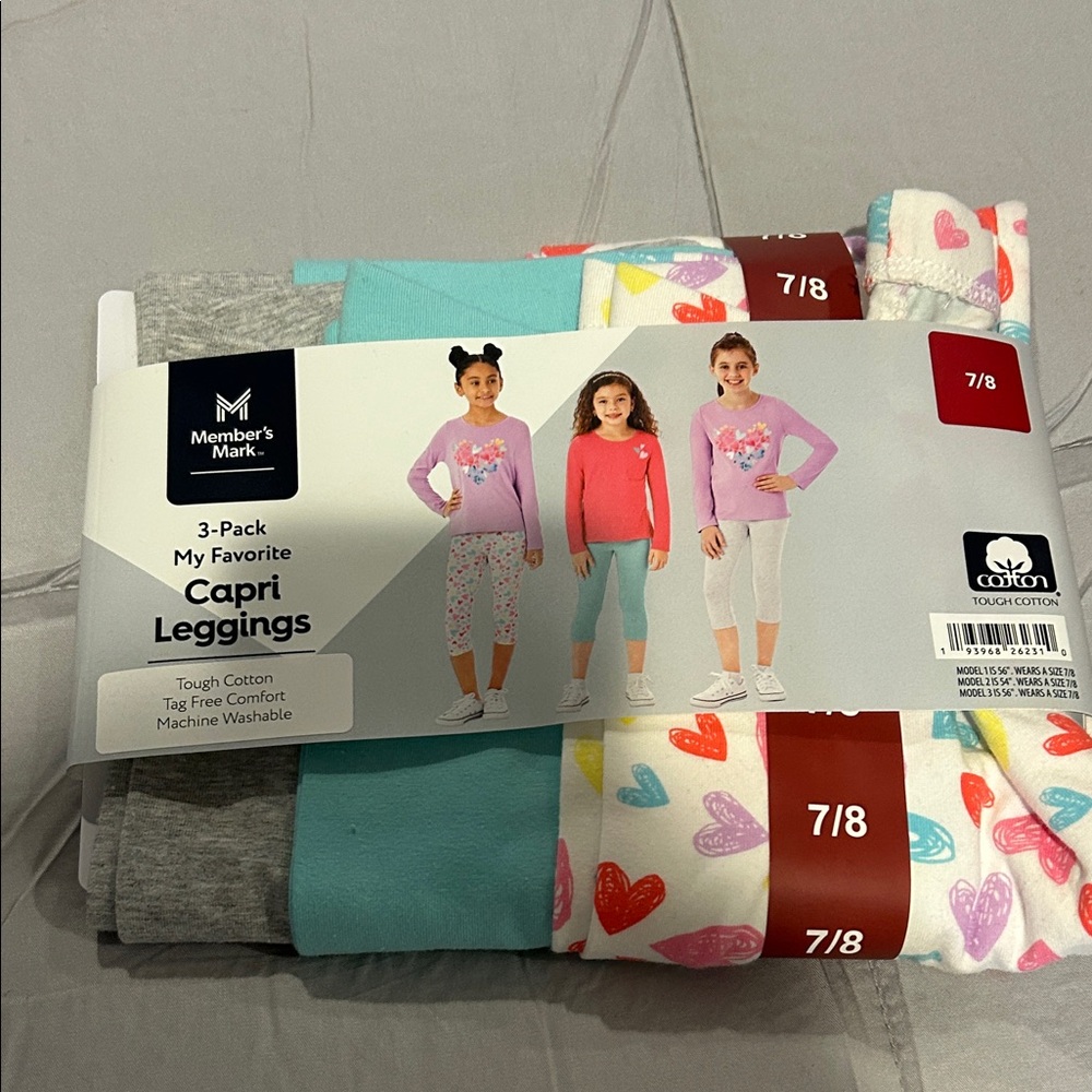 Member's Mark Kids Capri Leggings 3-Pack - Gray, Blue, White